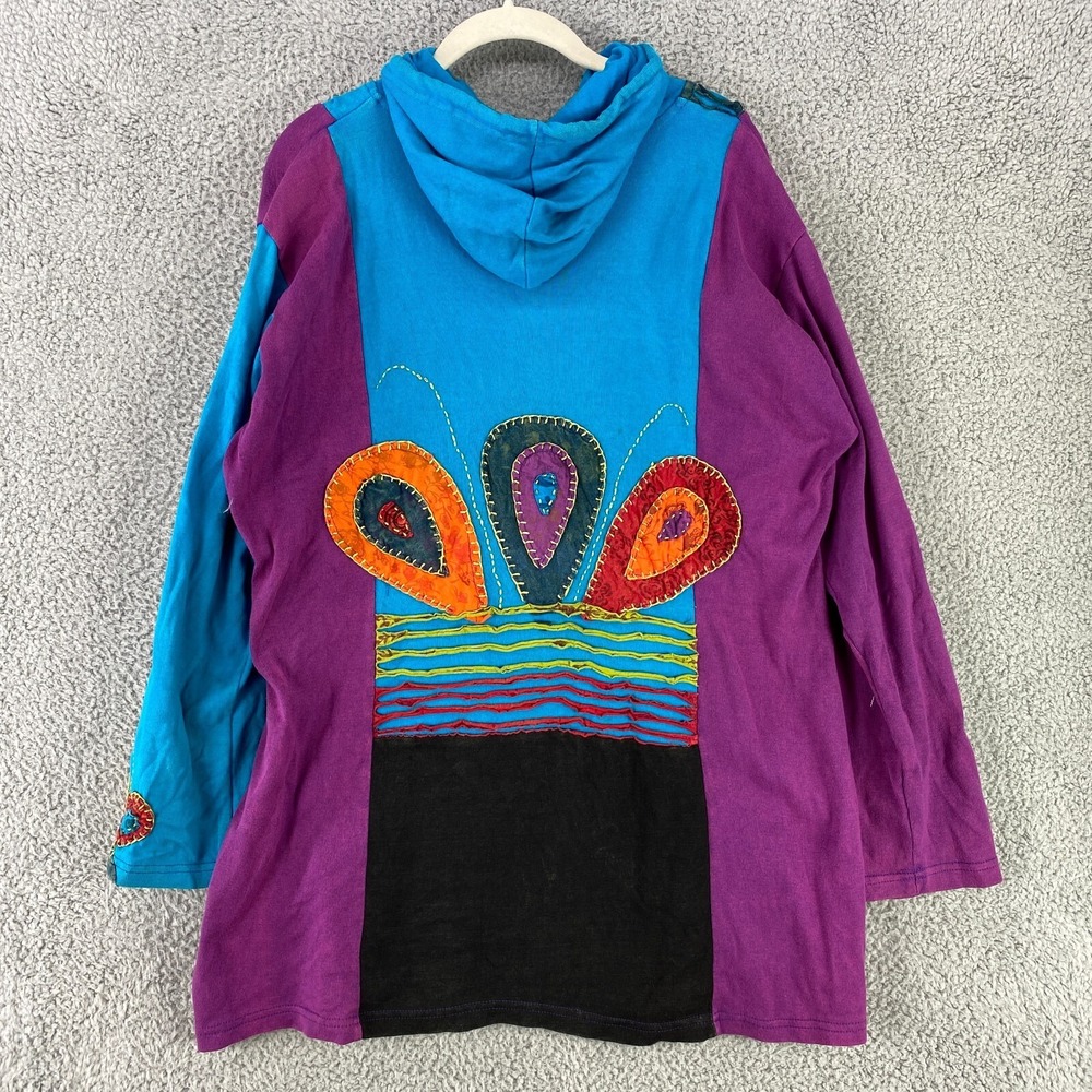 Karma Circle Hoodie Women's XL Full Zip Jacket Blue Boho Patchwork Embroidery